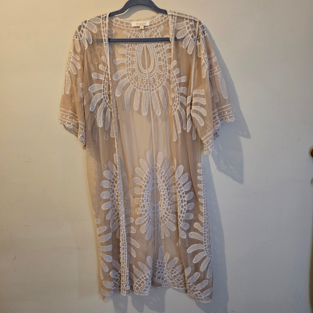 Rebellion Again Kimono Women Small Tan White Embroidered Sheer Mesh Boho Layer